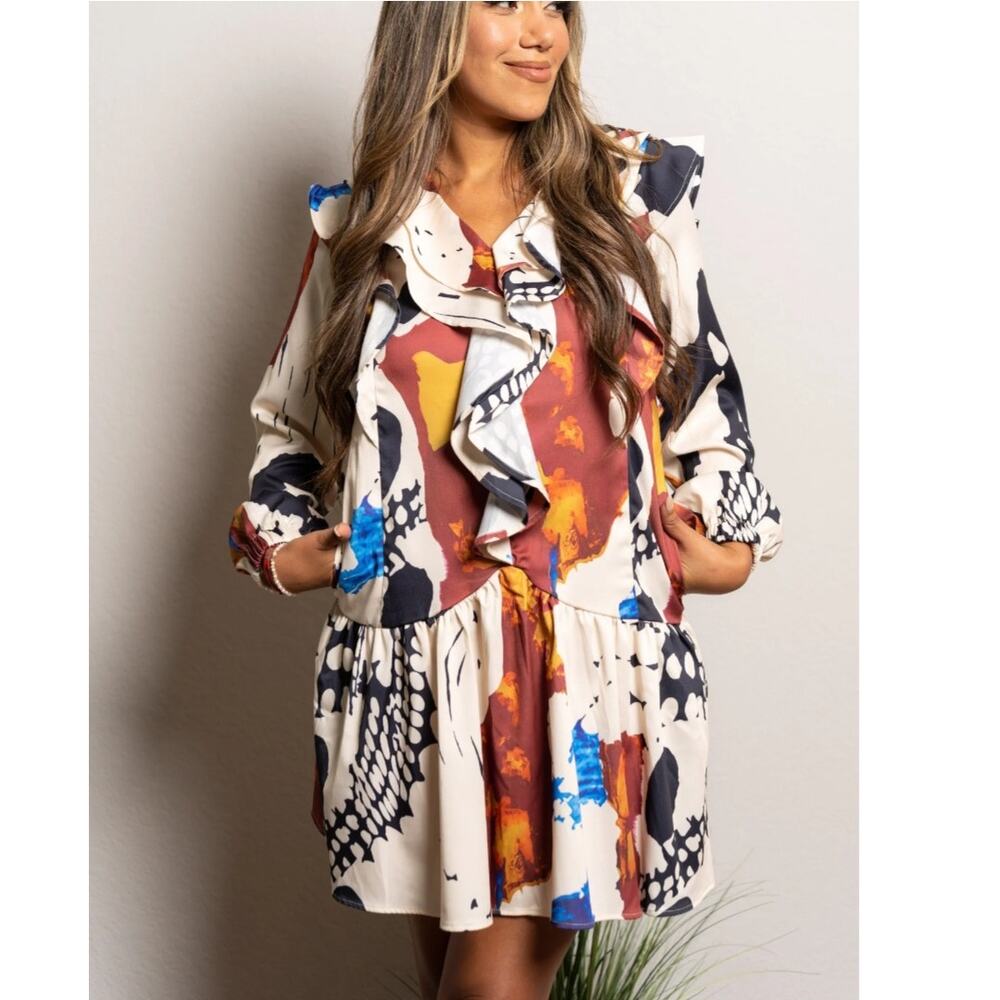Mulla large Multicolor mini dress ruffle neck long sleeve art to‎ wear